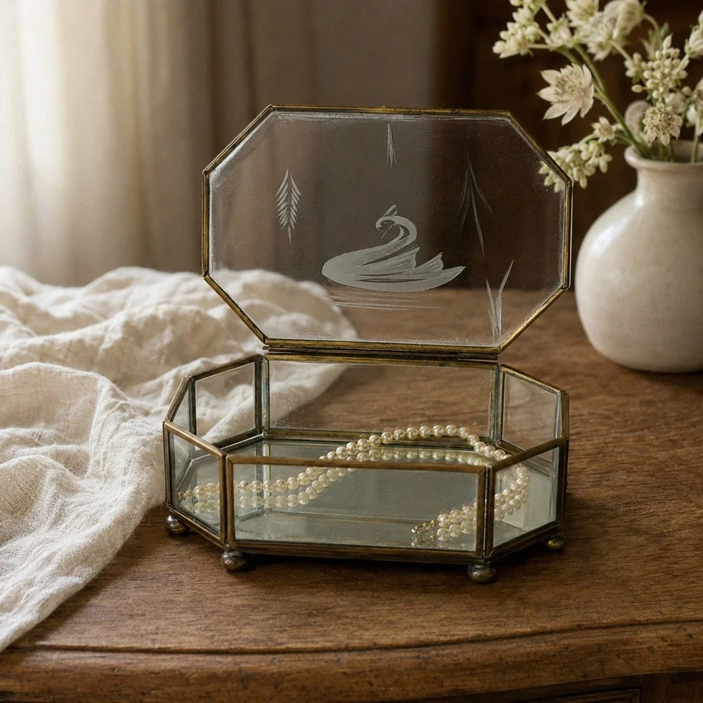 Vintage Etched Swan Glass Brass Jewelry Box Octagonal Mirrored Trinket Box